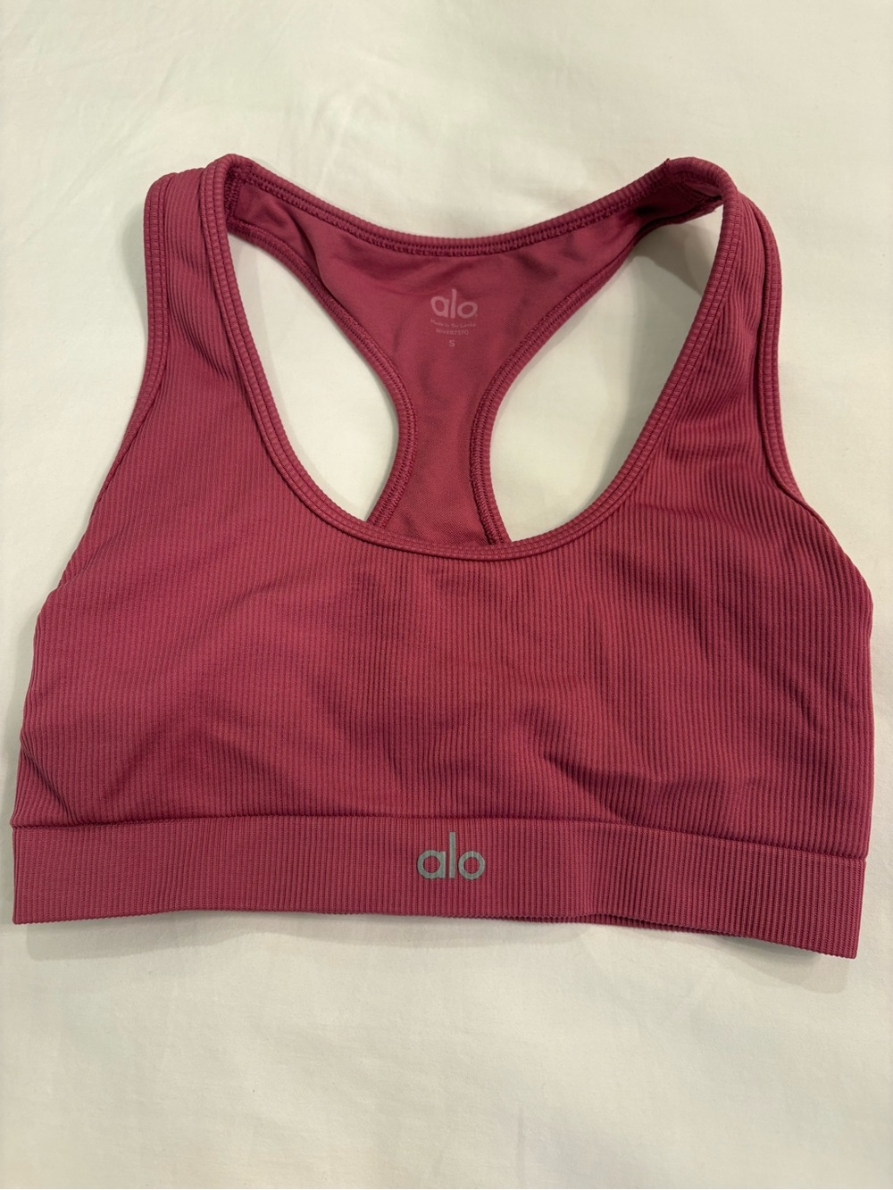 ALO Yoga Ribbed Racerback Sports Bra with Matching Biker Shorts- Berry Pink
